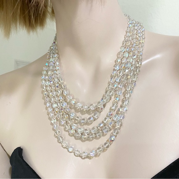 Vintage Unsigned Czech Fire Polished Aurora Borealis 5- Strand Beaded Necklace - Picture 4 of 11